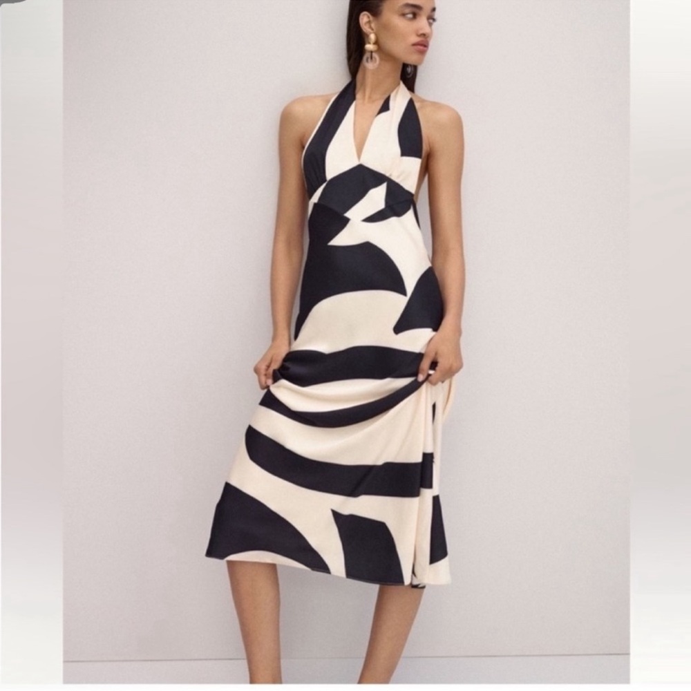 Nwt Bardot Black & Cream Halter Midi Dress - Picture 3 of 8